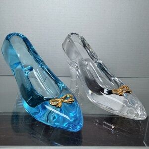 Rare Duo! 4" Disney Arribas Bros Cinderella Glass Slipper Clear & Blue Gold Bow